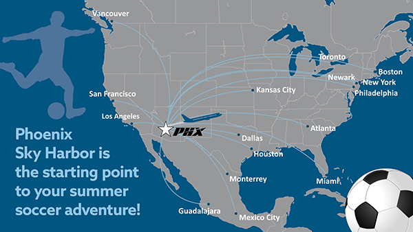 An infographic showing all the U.S. cities hosting soccer games that fly to and from Phoenix Sky Harbor