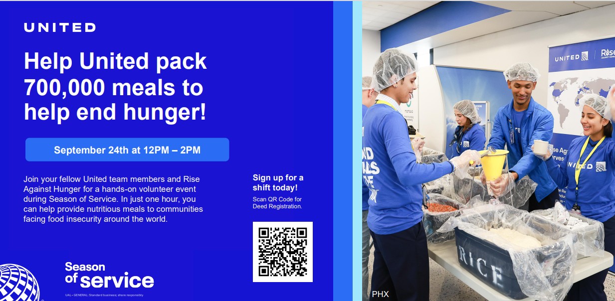 United Airlines Event flyer for 9/24 from 12-2 pm for packing meals