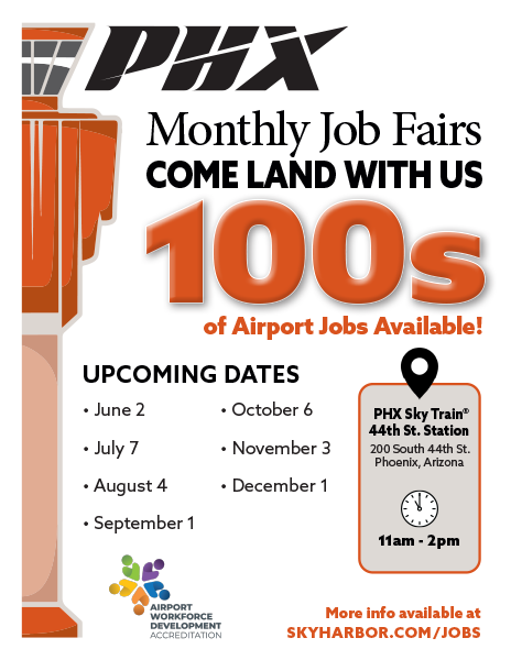 A flyer for the monthly PHX Job Fair listing the upcoming event dates with the next one being June 2nd
