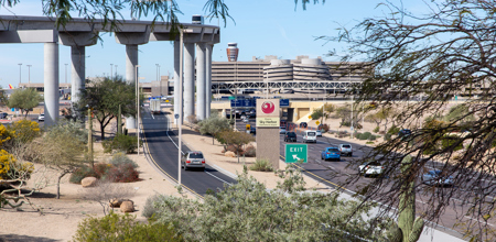 Phoenix Sky Harbor Buildings and Road into the Airport PHX Sky Harbor Looks Forward to Welcoming Super Bowl LVII Visitors to AZ